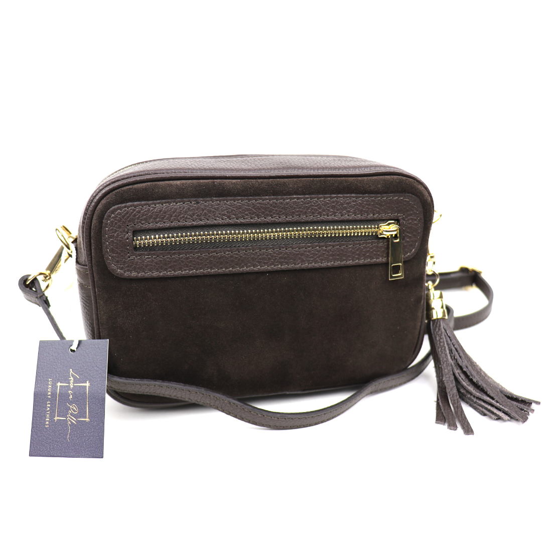 Suede Front Grain Leather Crossbody Shoulder Bag - Lussoinpelle Chocolate Crossbody bags