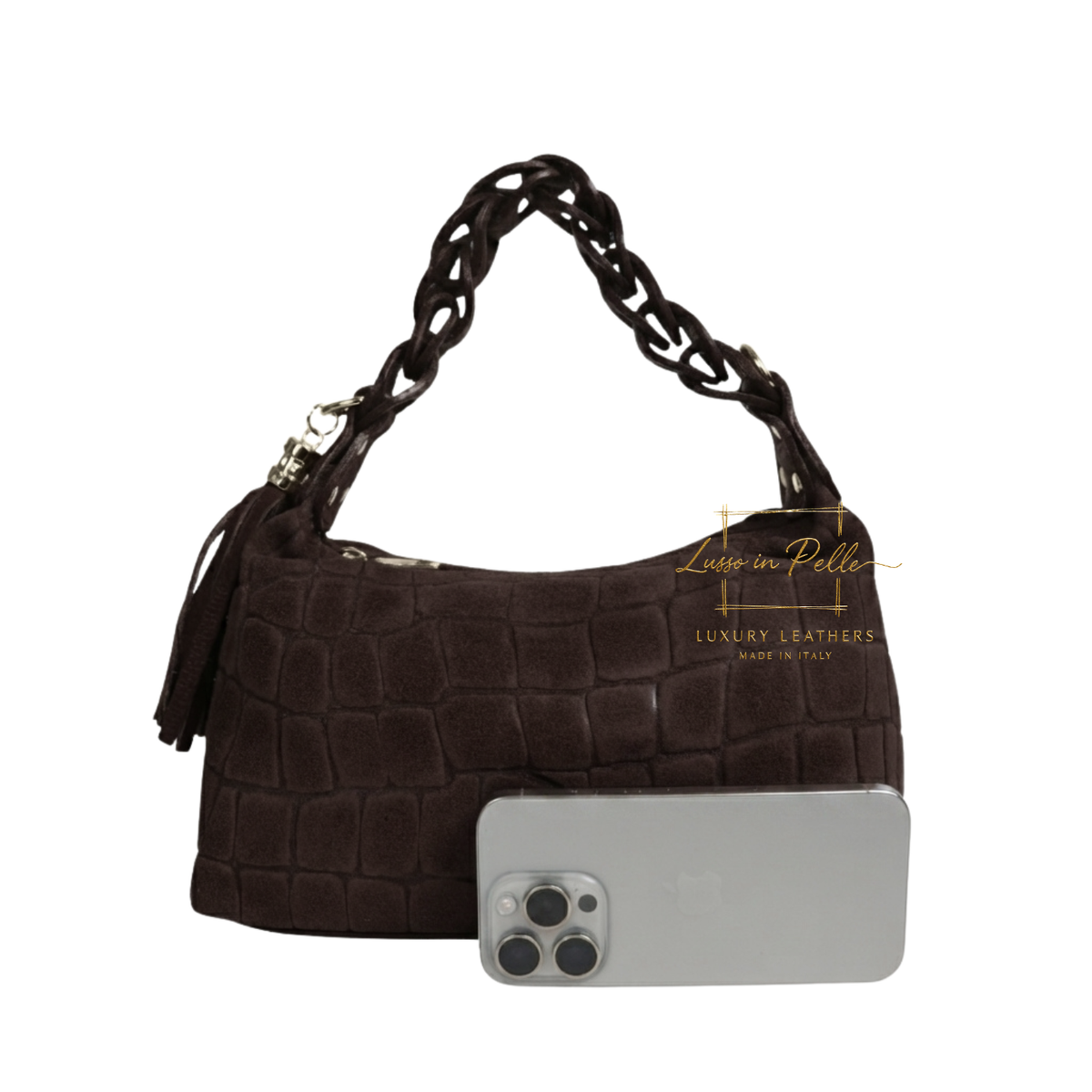 Genuine Suede Croc-Embossed Shoulder Bag with Braided Handle & Tassel Charm