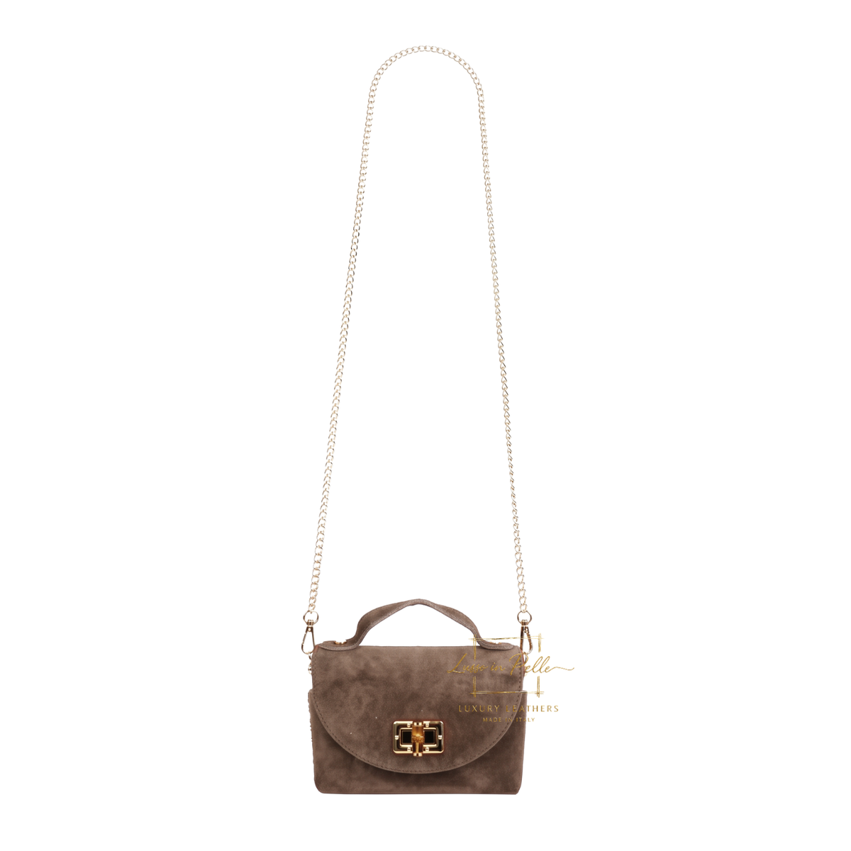 Genuine Suede Mini Top Handle Bag with Bamboo Twist Lock & Chain Strap