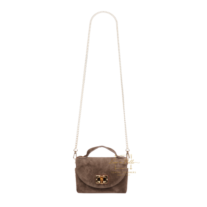 Genuine Suede Mini Top Handle Bag with Bamboo Twist Lock & Chain Strap