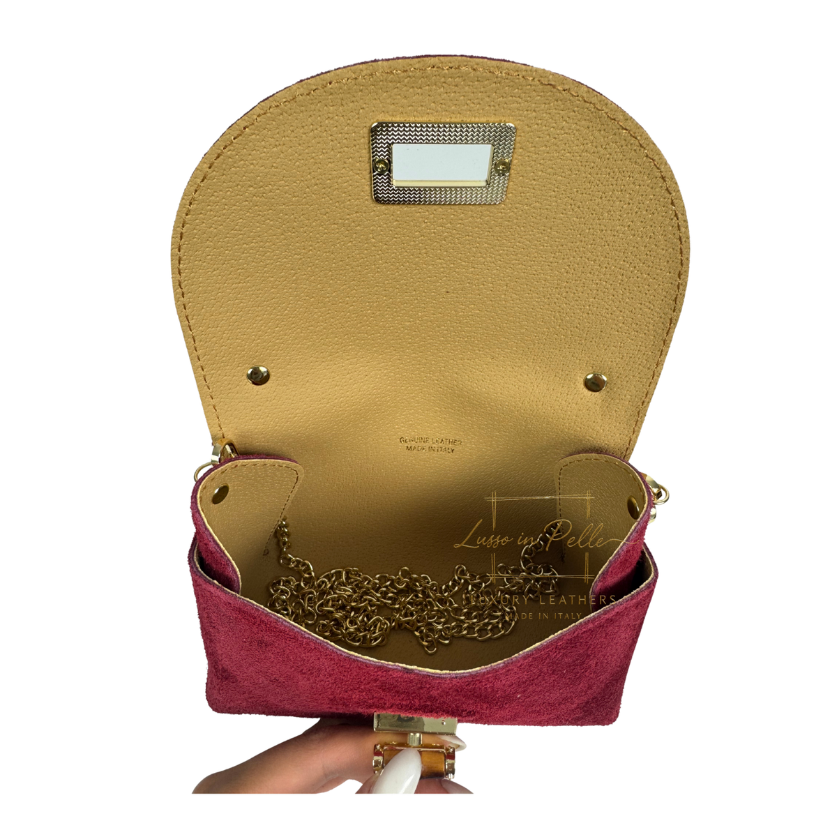 Genuine Suede Mini Top Handle Bag with Bamboo Twist Lock & Chain Strap