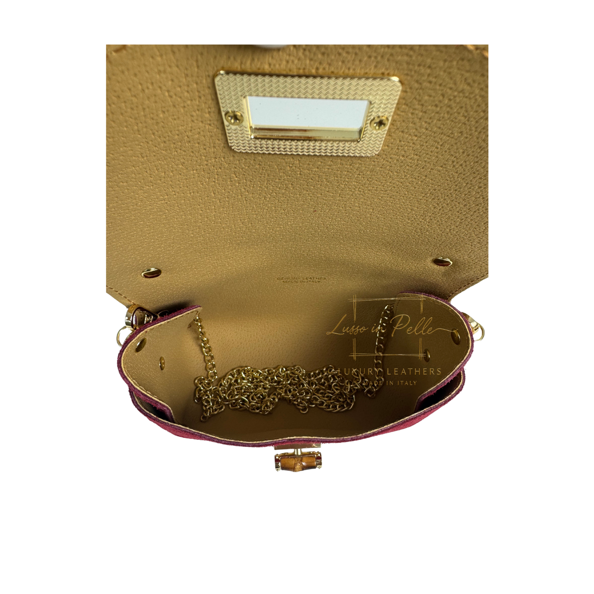 Genuine Suede Mini Top Handle Bag with Bamboo Twist Lock & Chain Strap