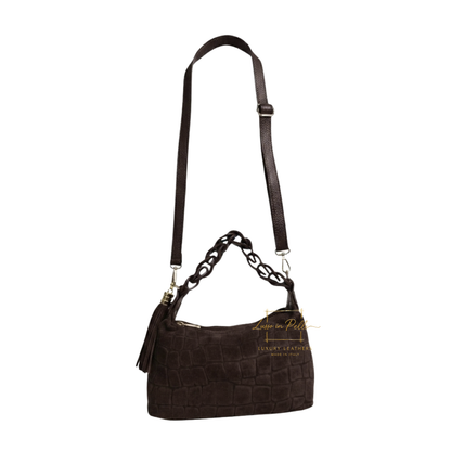 Genuine Suede Croc-Embossed Shoulder Bag with Braided Handle & Tassel Charm