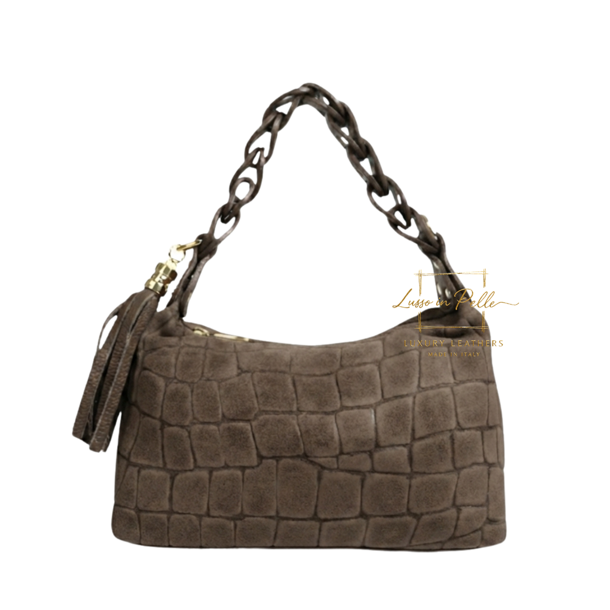 Genuine Suede Croc-Embossed Shoulder Bag with Braided Handle & Tassel Charm