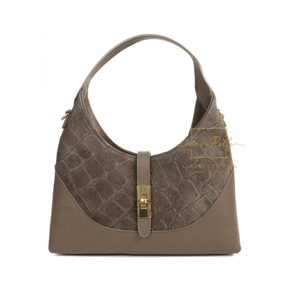 Genuine Suede & Leather Shoulder Bag with Croc Embossed Detail