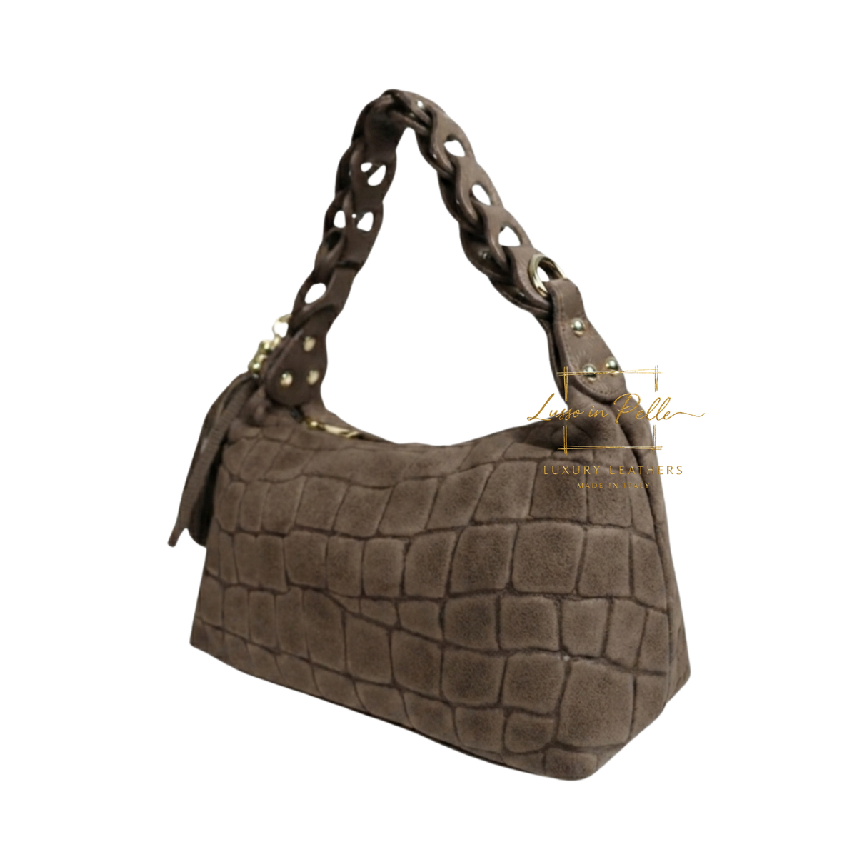 Genuine Suede Croc-Embossed Shoulder Bag with Braided Handle & Tassel Charm