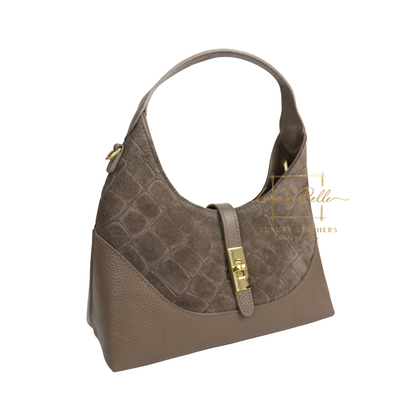 Genuine Suede & Leather Shoulder Bag with Croc Embossed Detail