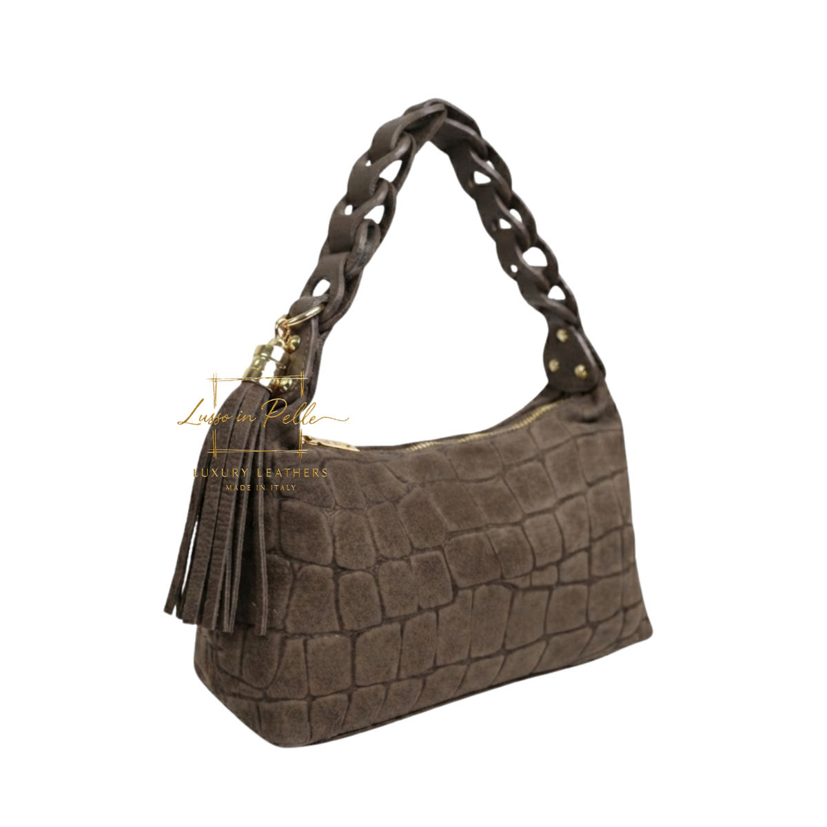 Genuine Suede Croc-Embossed Shoulder Bag with Braided Handle & Tassel Charm