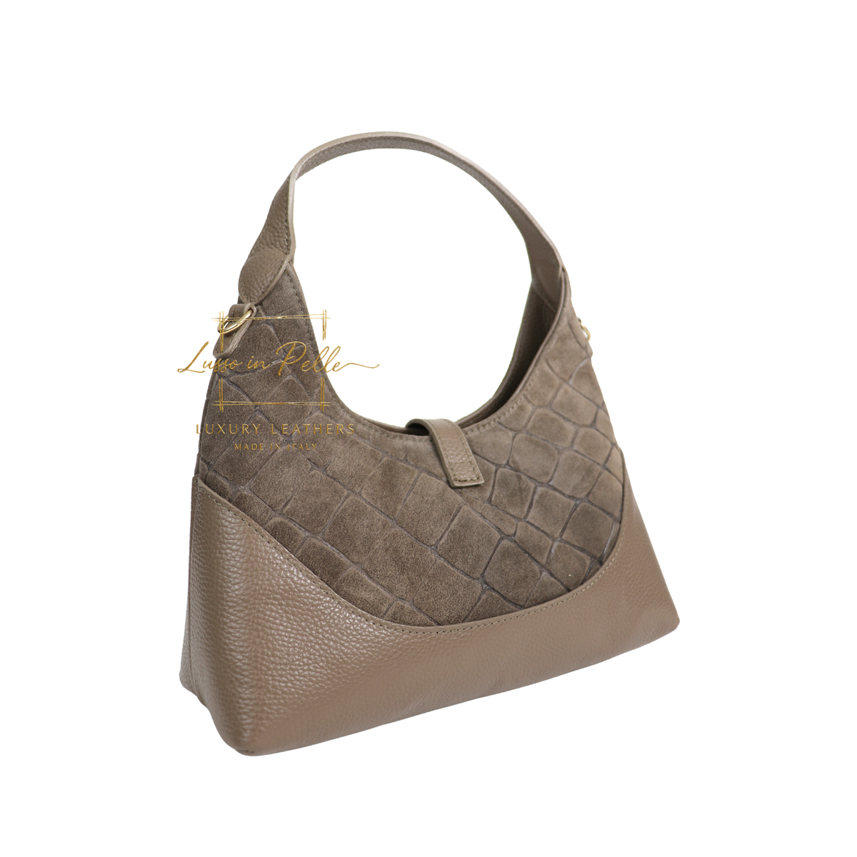 Genuine Suede & Leather Shoulder Bag with Croc Embossed Detail