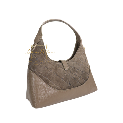 Genuine Suede & Leather Shoulder Bag with Croc Embossed Detail