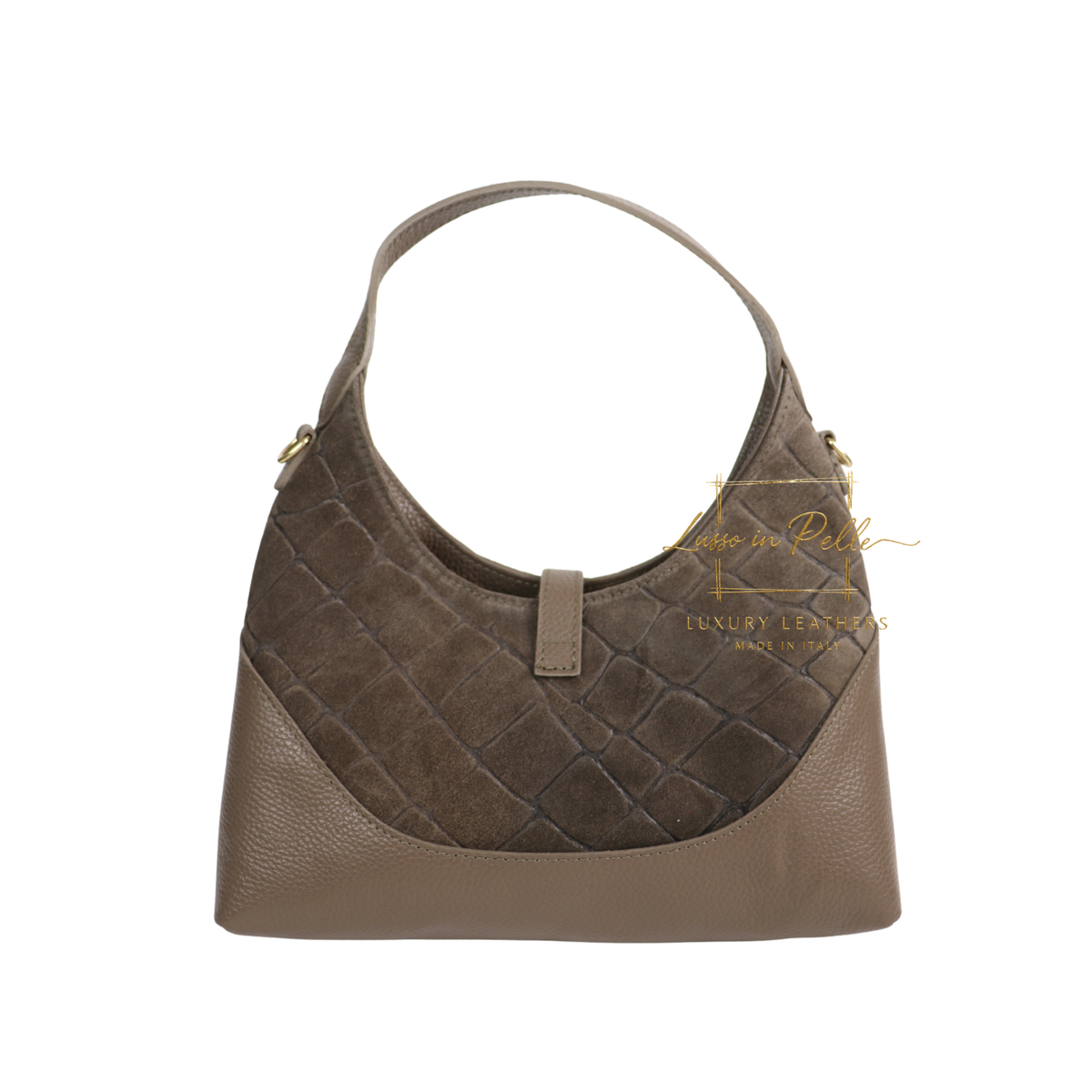 Genuine Suede & Leather Shoulder Bag with Croc Embossed Detail
