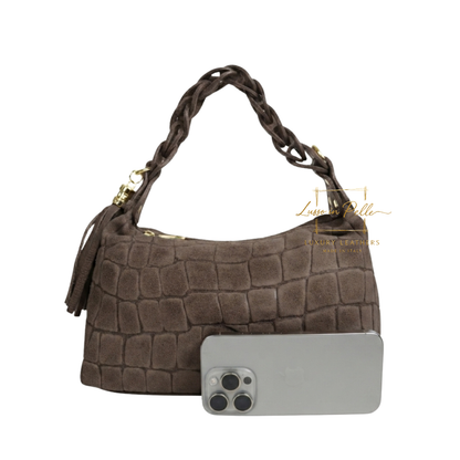 Genuine Suede Croc-Embossed Shoulder Bag with Braided Handle & Tassel Charm