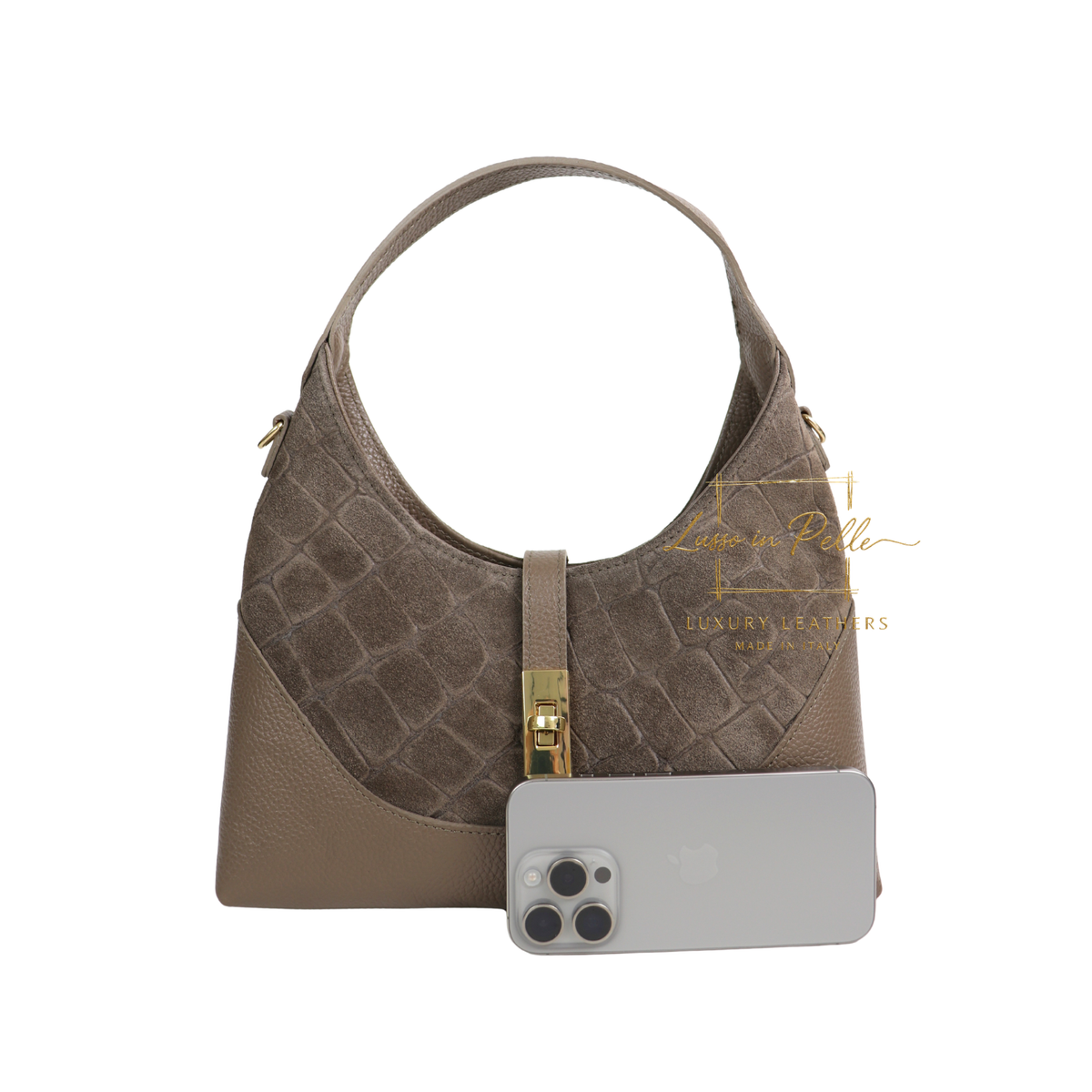Genuine Suede & Leather Shoulder Bag with Croc Embossed Detail
