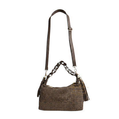 Genuine Suede Croc-Embossed Shoulder Bag with Braided Handle & Tassel Charm