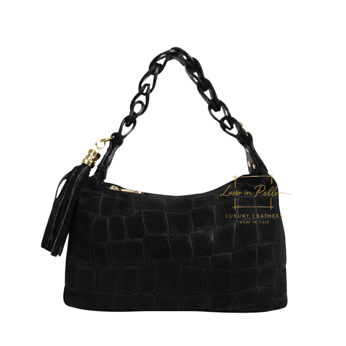 Genuine Suede Croc-Embossed Shoulder Bag with Braided Handle & Tassel Charm