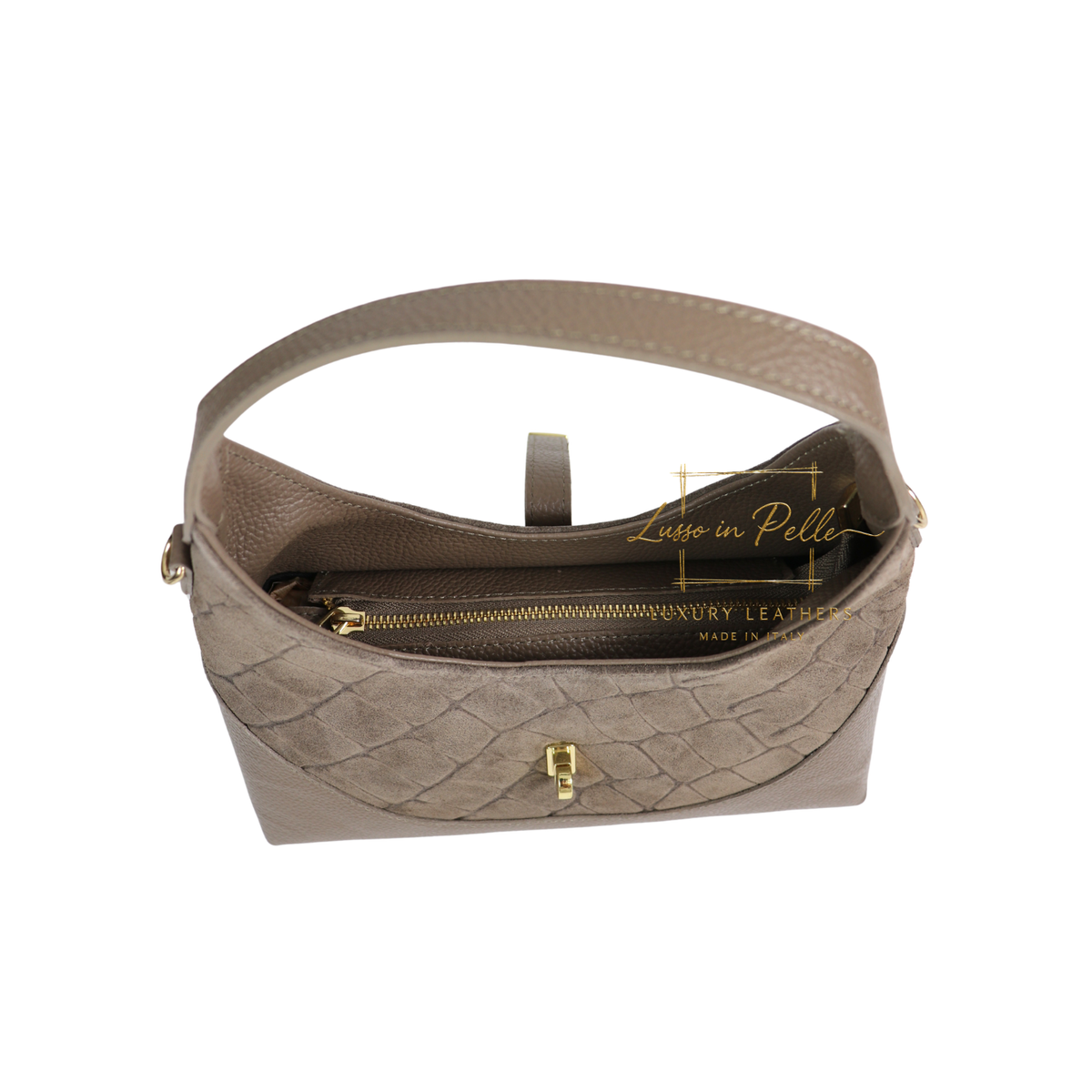 Genuine Suede & Leather Shoulder Bag with Croc Embossed Detail