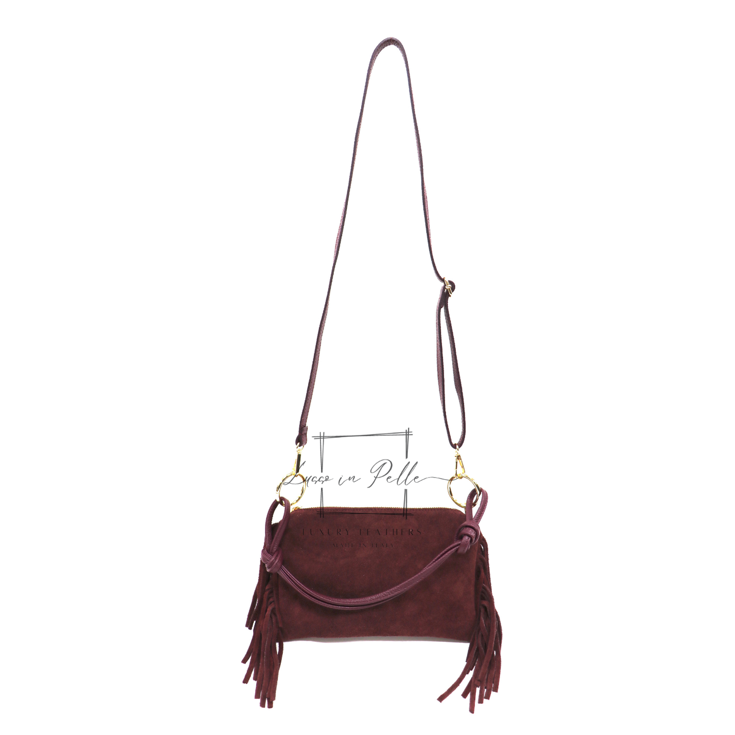 Small Italian Suede Fringe Bag with Shoulder and Crossbody Straps: Handmade Genuine Cowhide Suede Flat Purse