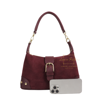 Genuine Suede & Leather Shoulder Bag with Buckle Detail