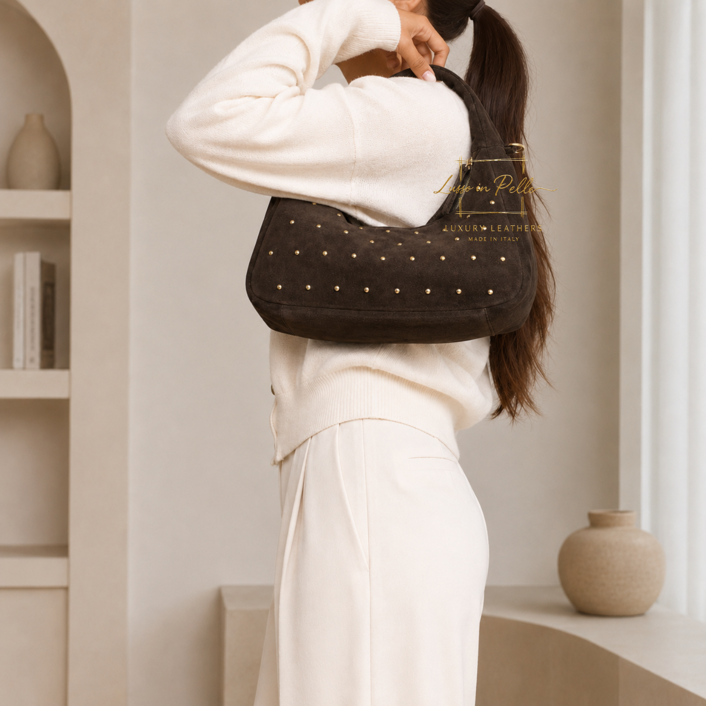 Soft Genuine Suede Shoulder Bag with Gold Stud Detail