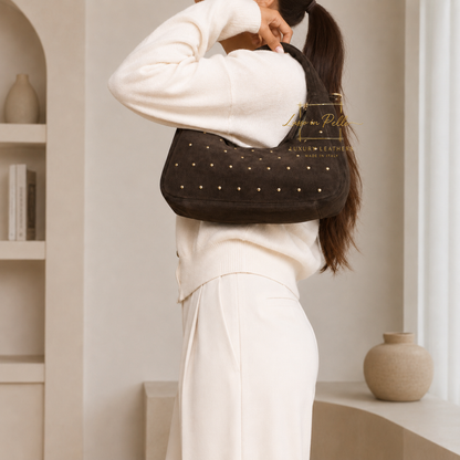 Soft Genuine Suede Shoulder Bag with Gold Stud Detail