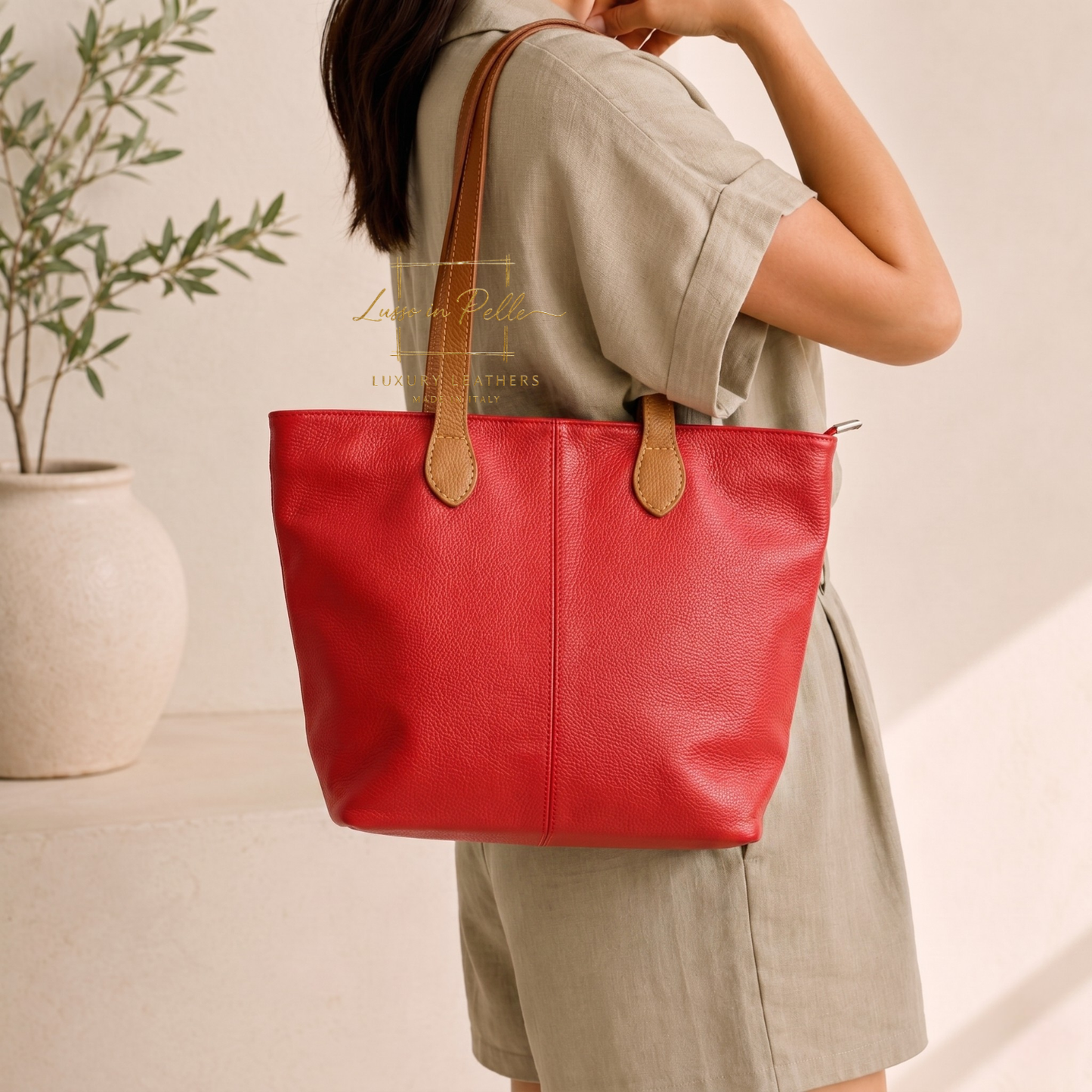 The Essential Tote (Handmade Italian Leather Shoulder Bag Tan Handle)