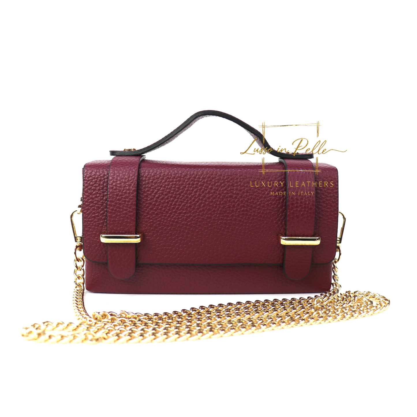 Small Genuine Leather Satchel Bag with Top Handle and Chain Straps