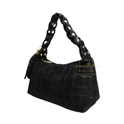 Genuine Suede Croc-Embossed Shoulder Bag with Braided Handle & Tassel Charm