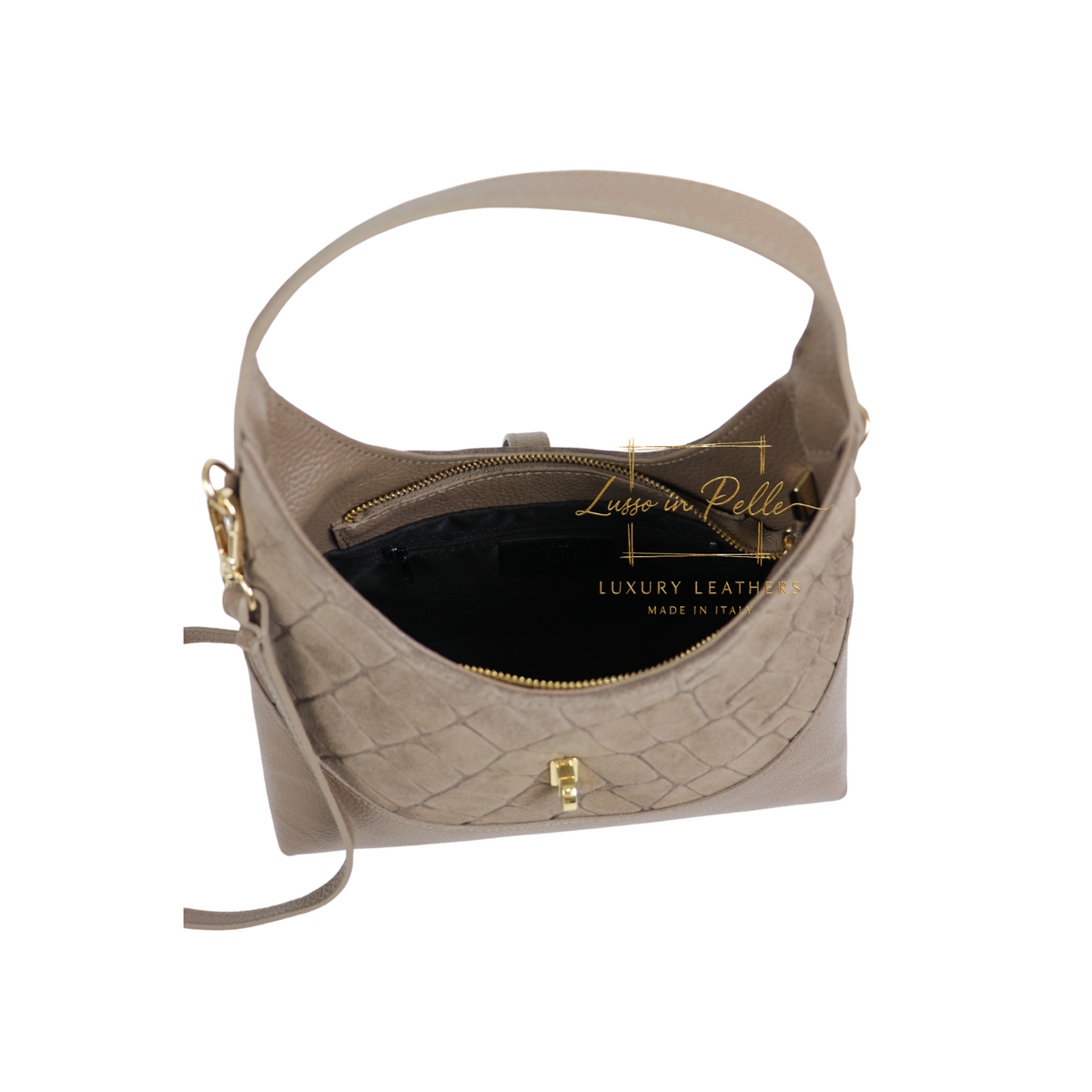 Genuine Suede & Leather Shoulder Bag with Croc Embossed Detail