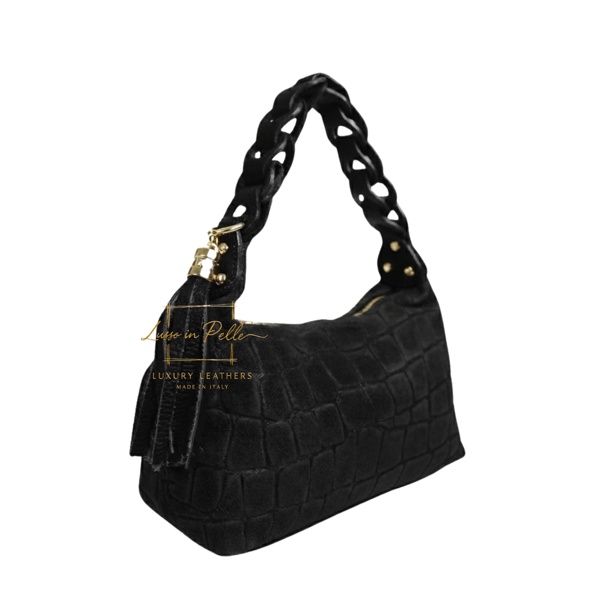 Genuine Suede Croc-Embossed Shoulder Bag with Braided Handle & Tassel Charm