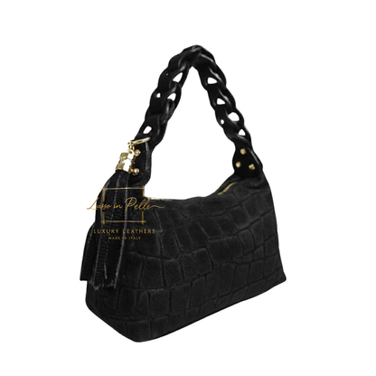 Genuine Suede Croc-Embossed Shoulder Bag with Braided Handle & Tassel Charm