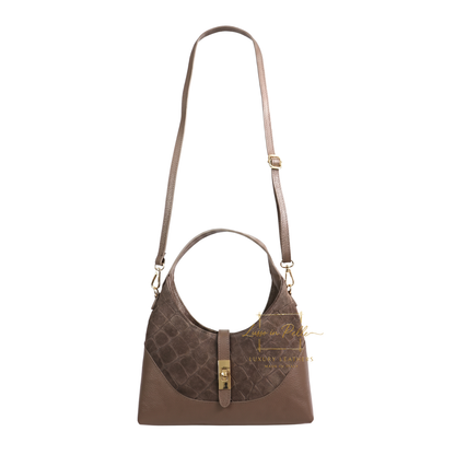Genuine Suede & Leather Shoulder Bag with Croc Embossed Detail