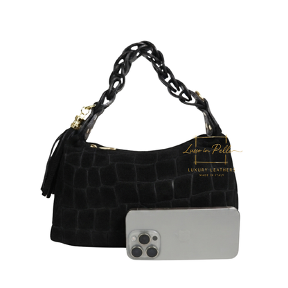 Genuine Suede Croc-Embossed Shoulder Bag with Braided Handle & Tassel Charm