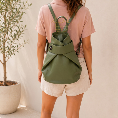 Fold-over Pebbled Leather Backpack