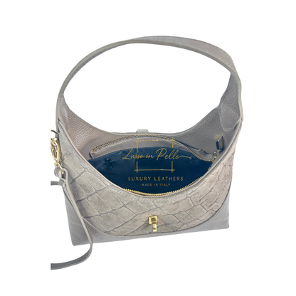 Genuine Suede & Leather Shoulder Bag with Croc Embossed Detail
