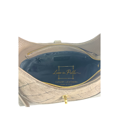 Genuine Suede & Leather Shoulder Bag with Croc Embossed Detail