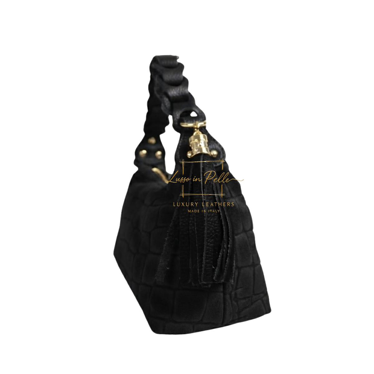Genuine Suede Croc-Embossed Shoulder Bag with Braided Handle & Tassel Charm
