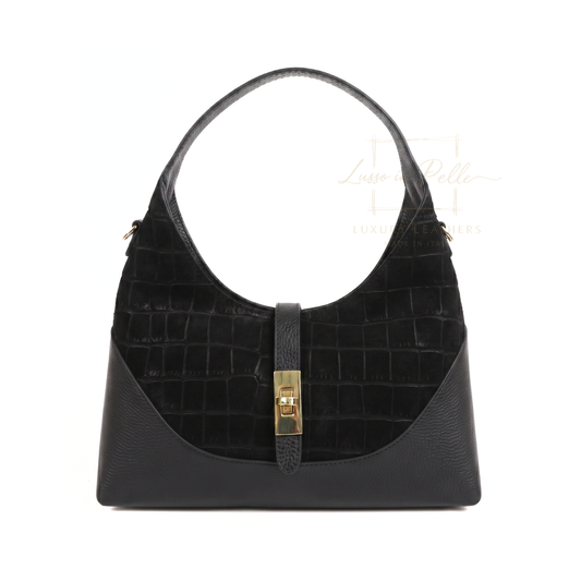 Genuine Suede & Leather Shoulder Bag with Croc Embossed Detail