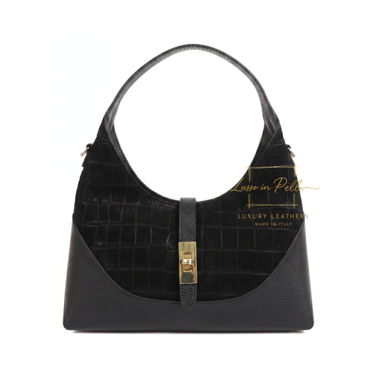 Genuine Suede & Leather Shoulder Bag with Croc Embossed Detail
