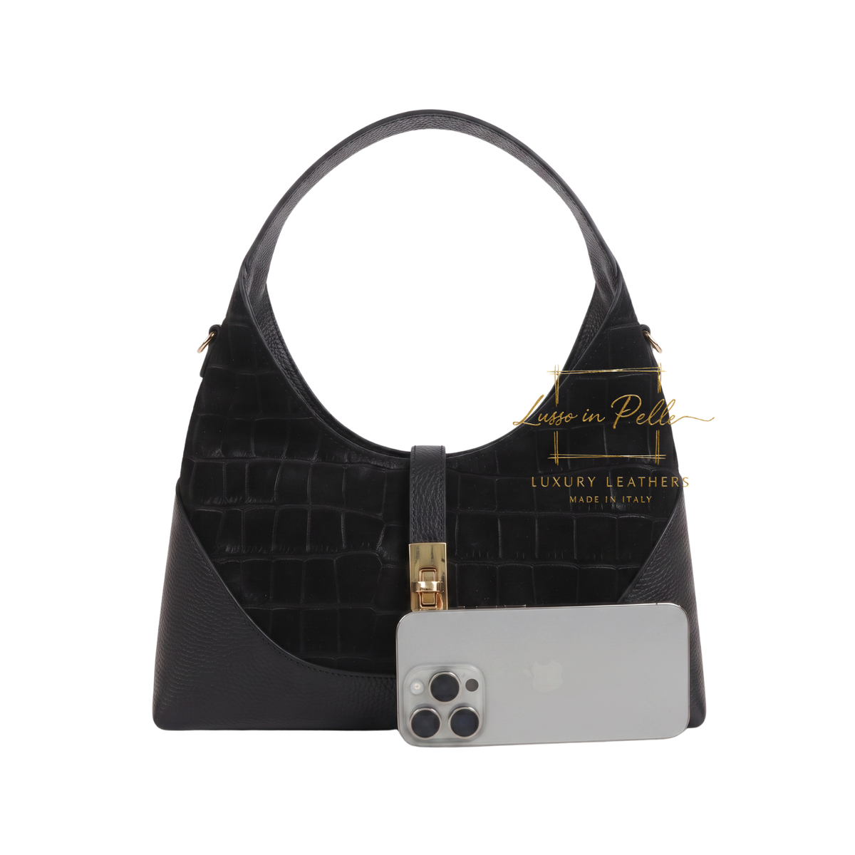 Genuine Suede & Leather Shoulder Bag with Croc Embossed Detail