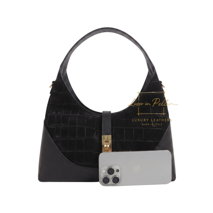 Genuine Suede & Leather Shoulder Bag with Croc Embossed Detail