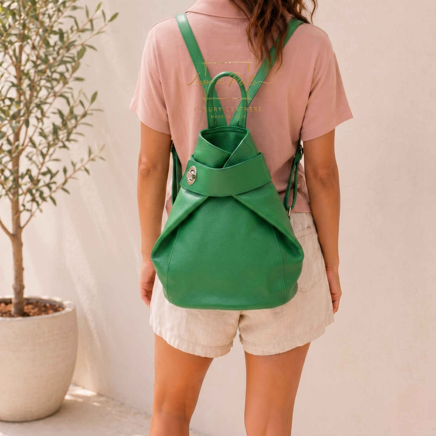 Fold-over Pebbled Leather Backpack