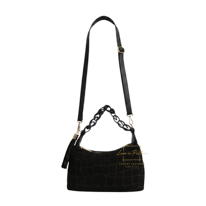 Genuine Suede Croc-Embossed Shoulder Bag with Braided Handle & Tassel Charm