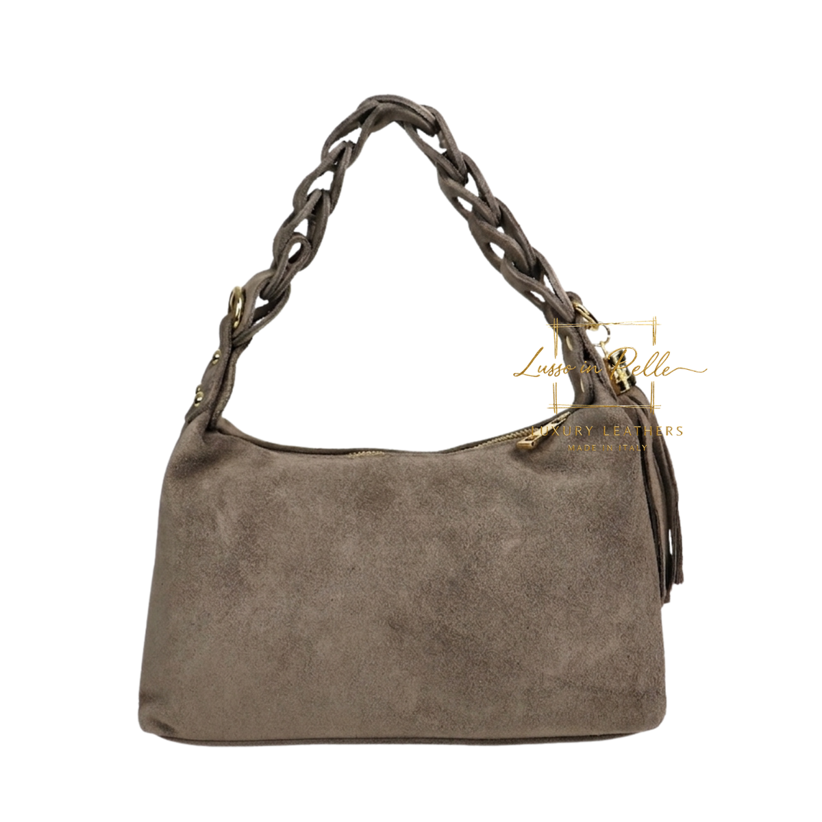 Genuine Suede Shoulder Bag with Braided Handle & Tassel Charm