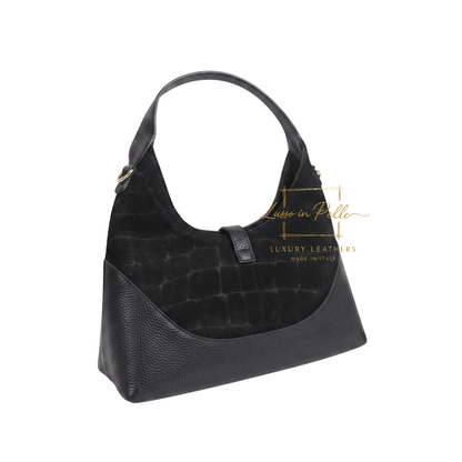 Genuine Suede & Leather Shoulder Bag with Croc Embossed Detail