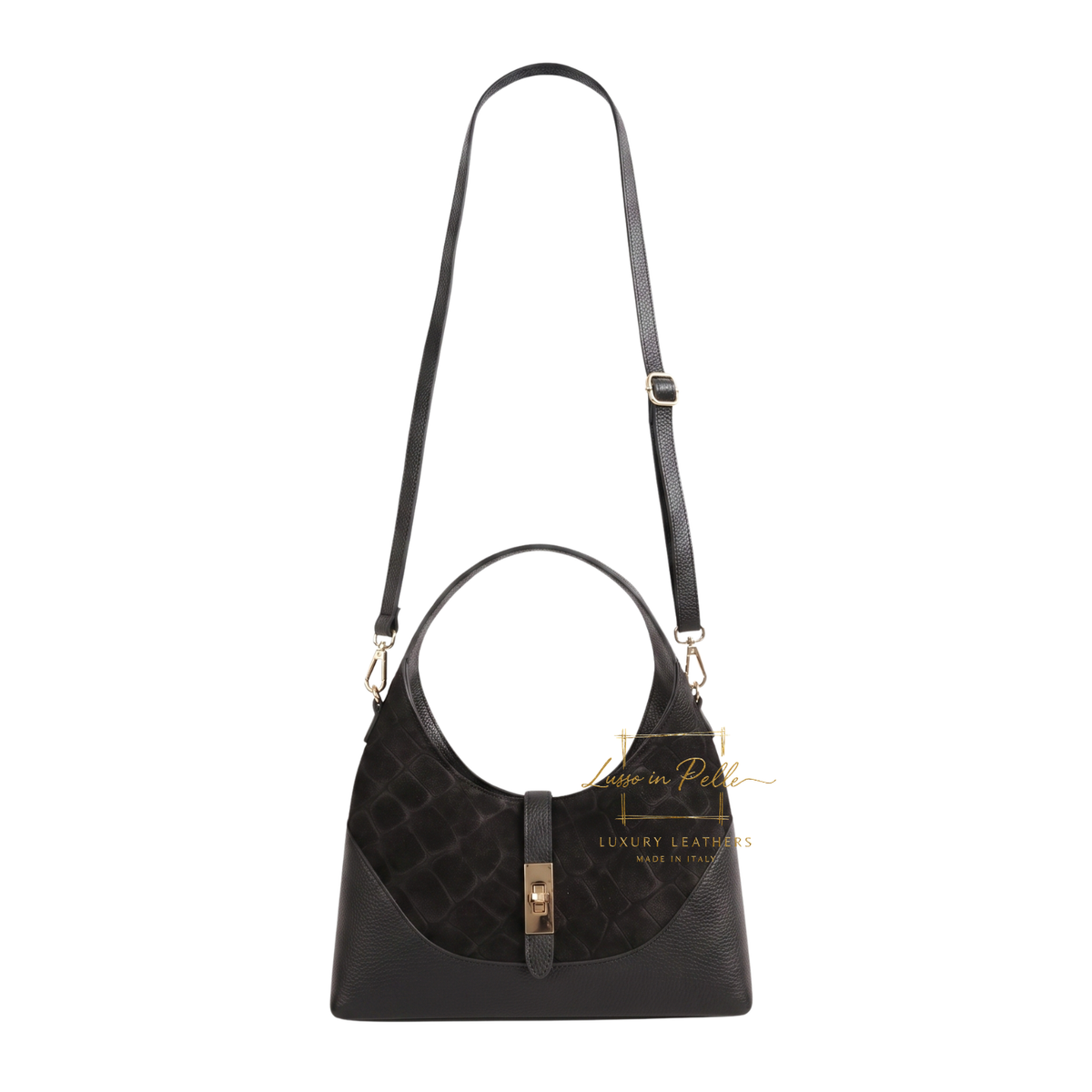 Genuine Suede & Leather Shoulder Bag with Croc Embossed Detail