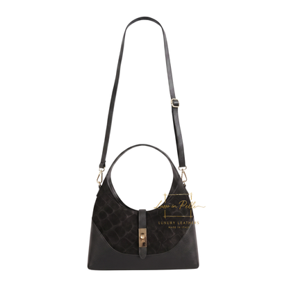 Genuine Suede & Leather Shoulder Bag with Croc Embossed Detail