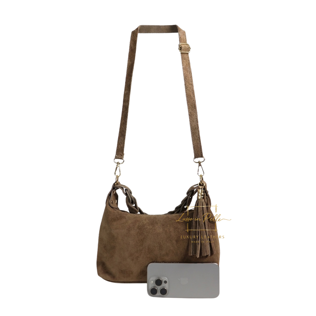 Genuine Suede Shoulder Bag with Braided Handle & Tassel Charm