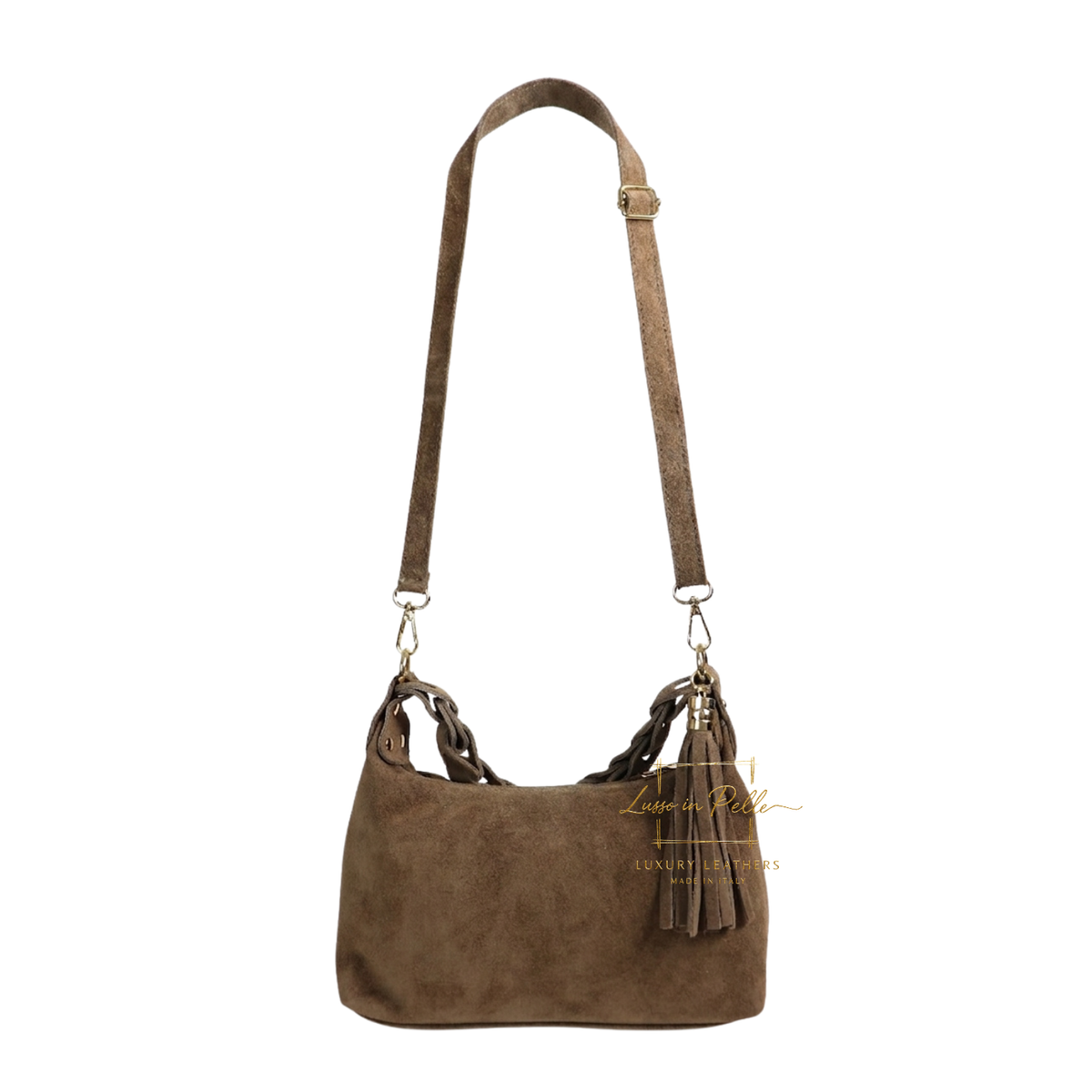 Genuine Suede Shoulder Bag with Braided Handle & Tassel Charm