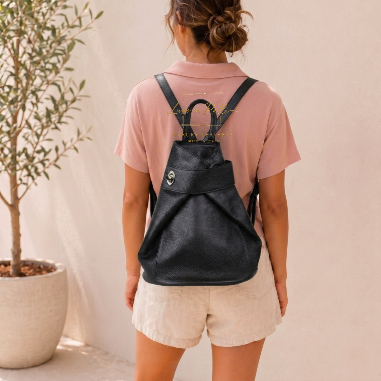Fold-over Pebbled Leather Backpack
