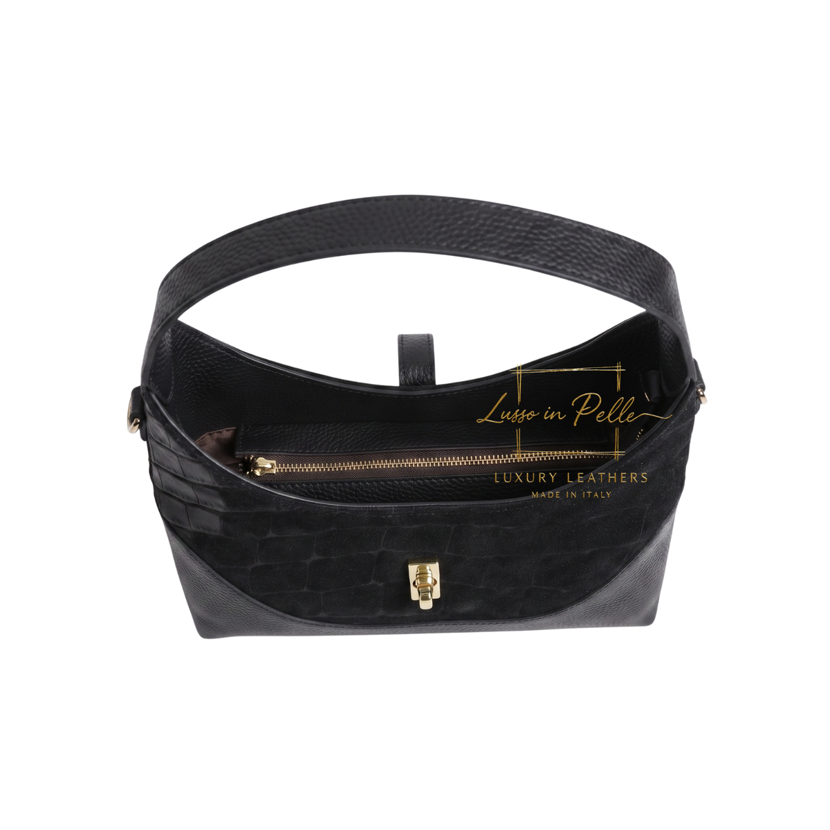 Genuine Suede & Leather Shoulder Bag with Croc Embossed Detail
